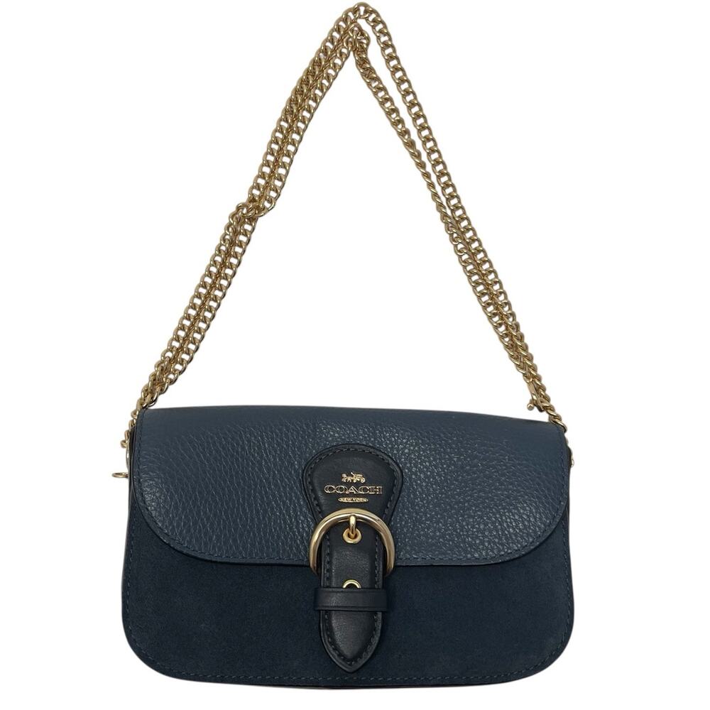 Coach Kleo Crossbody Navy Blue Suede Denim Leather Chain Gold Strap Mini Purse